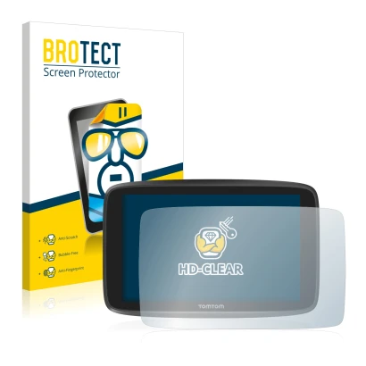 Front side of a product packaging with the brand logo BROTECT. Next to it is the device TomTom GO Camper shown with the corres