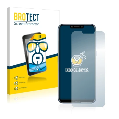 Front side of a product packaging with the brand logo BROTECT. Next to it is the device Honor Play shown with the correspondin