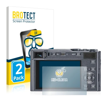 Front side of a product packaging with the brand logo BROTECT. Next to it is the device Leica C-Lux shown with the correspondi