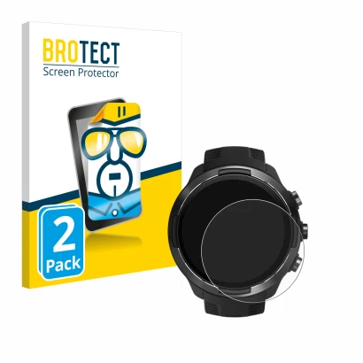Front side of a product packaging with the brand logo BROTECT. Next to it is the device Suunto 9 shown with the corresponding 