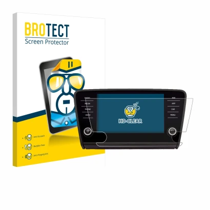 Front side of a product packaging with the brand logo BROTECT. Next to it is the device Skoda Amundsen Superb 2018 Infotainmen