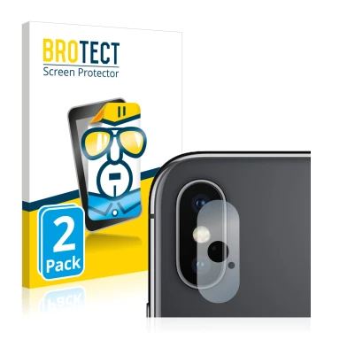 Front side of a product packaging with the brand logo BROTECT. Next to it is the device Apple iPhone Xs (ONLY Camera Lens) sho