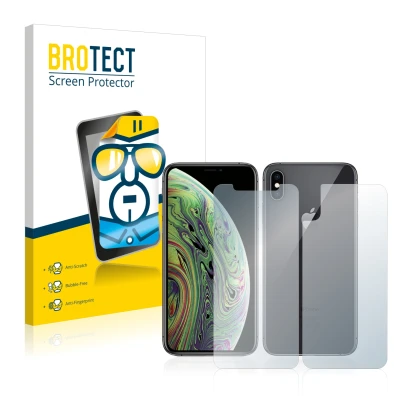 Front side of a product packaging with the brand logo BROTECT. Next to it is the device Apple iPhone Xs (Front+Back) shown wit
