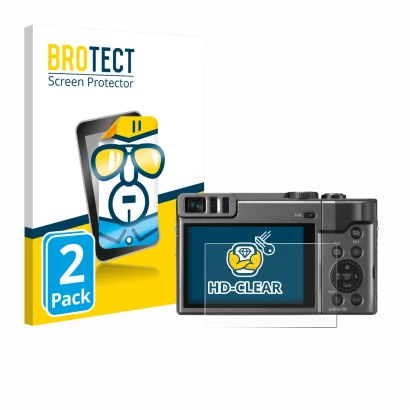 Front side of a product packaging with the brand logo BROTECT. Next to it is the device Panasonic Lumix DC-TZ90 shown with the