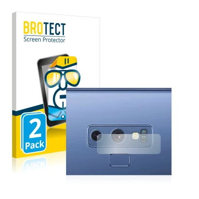 Front side of a product packaging with the brand logo BROTECT. Next to it is the device Samsung Galaxy Note 9 (ONLY Camera Len