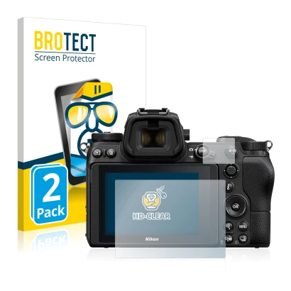 Front side of a product packaging with the brand logo BROTECT. Next to it is the device Nikon Z 6 shown with the corresponding
