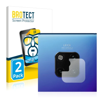 Front side of a product packaging with the brand logo BROTECT. Next to it is the device Huawei Mate 20 Pro (ONLY Camera Lens)