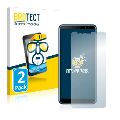 Front side of a product packaging with the brand logo BROTECT. Next to it is the device Samsung Galaxy A7 2018 shown with the 