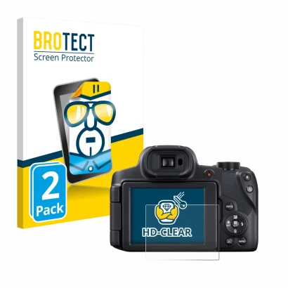 Front side of a product packaging with the brand logo BROTECT. Next to it is the device Canon PowerShot SX70 HS shown with the