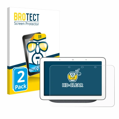Front side of a product packaging with the brand logo BROTECT. Next to it is the device Google Home Hub shown with the corresp