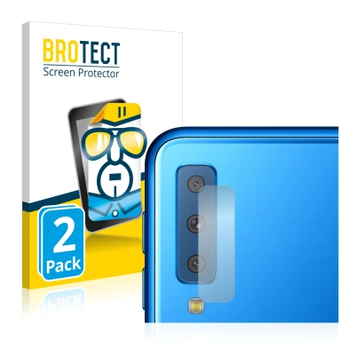 Front side of a product packaging with the brand logo BROTECT. Next to it is the device Samsung Galaxy A7 2018 (ONLY Camera Le