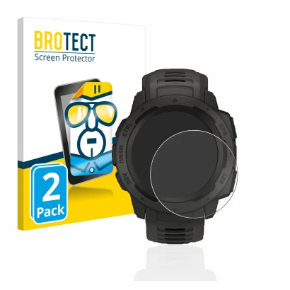 Front side of a product packaging with the brand logo BROTECT. Next to it is the device Garmin Instinct shown with the corresp