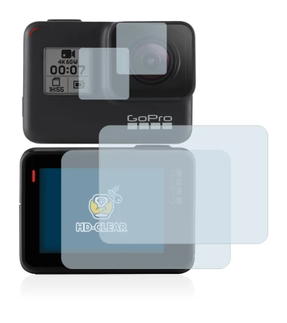 Image of the device GoPro Hero 7 Black with a wide variety of screen protectors.