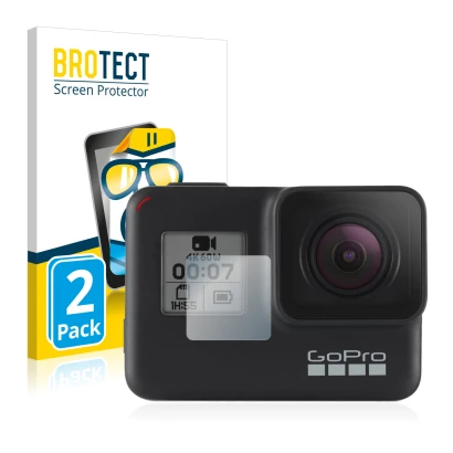 Front side of a product packaging with the brand logo BROTECT. Next to it is the device GoPro Hero 7 Black (Front display) sho