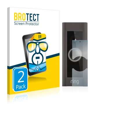 Front side of a product packaging with the brand logo BROTECT. Next to it is the device Ring Video Doorbell Pro shown with the