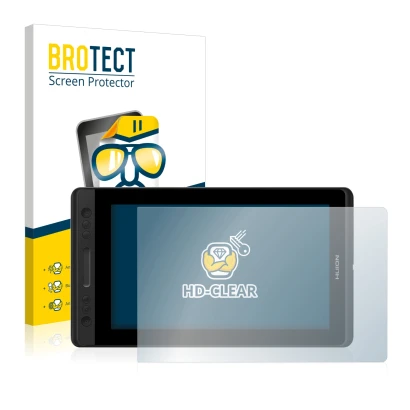 Front side of a product packaging with the brand logo BROTECT. Next to it is the device Huion Kamvas Pro 13 shown with the cor