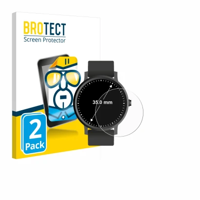 Front side of a product packaging with the brand logo BROTECT. Next to it is the device Circular Displays (ø: 35 mm) shown wit