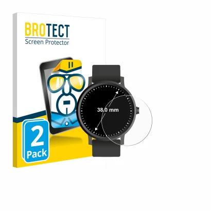 Front side of a product packaging with the brand logo BROTECT. Next to it is the device Circular Displays (ø: 38 mm) shown wit