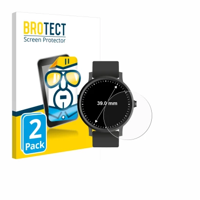 Front side of a product packaging with the brand logo BROTECT. Next to it is the device Circular Displays (ø: 39 mm) shown wit