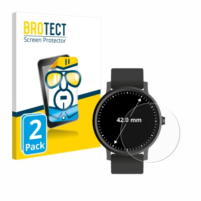 Front side of a product packaging with the brand logo BROTECT. Next to it is the device Circular Displays (ø: 42 mm) shown wit
