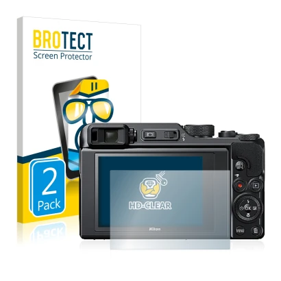 Front side of a product packaging with the brand logo BROTECT. Next to it is the device Nikon Coolpix A1000 shown with the cor