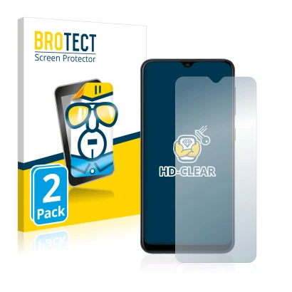 Front side of a product packaging with the brand logo BROTECT. Next to it is the device Samsung Galaxy A10 shown with the corr