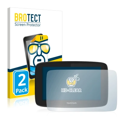 Front side of a product packaging with the brand logo BROTECT. Next to it is the device TomTom GO Essential (5") shown with th