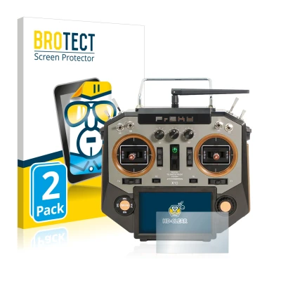 Front side of a product packaging with the brand logo BROTECT. Next to it is the device FrSky Horus X10 shown with the corresp