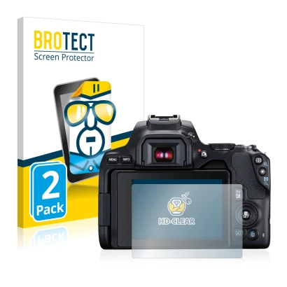 Front side of a product packaging with the brand logo BROTECT. Next to it is the device Canon EOS 250D shown with the correspo