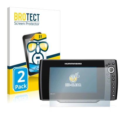 Front side of a product packaging with the brand logo BROTECT. Next to it is the device Humminbird Helix 9 G3N shown with the 