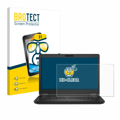 Front side of a product packaging with the brand logo BROTECT. Next to it is the device Dell Latitude 5490 Non-Touch shown wit