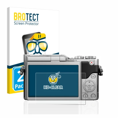 Front side of a product packaging with the brand logo BROTECT. Next to it is the device Panasonic Lumix DC-GX880 shown with th