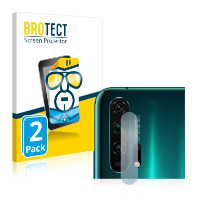 Front side of a product packaging with the brand logo BROTECT. Next to it is the device Honor 20 Pro (ONLY Camera Lens) shown