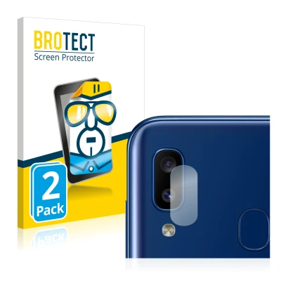 Front side of a product packaging with the brand logo BROTECT. Next to it is the device Samsung Galaxy A20e (ONLY Camera Lens)