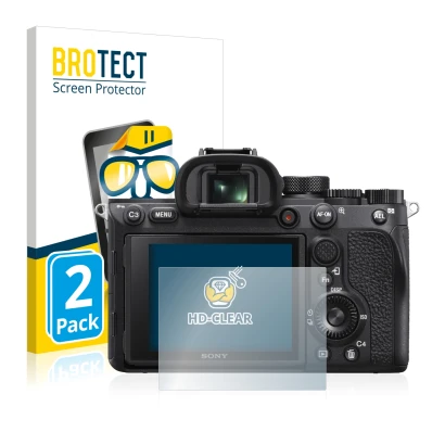 Front side of a product packaging with the brand logo BROTECT. Next to it is the device Sony Alpha 7R IV shown with the corres