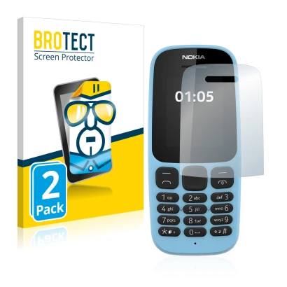 Front side of a product packaging with the brand logo BROTECT. Next to it is the device Nokia 105 2019 shown with the correspo