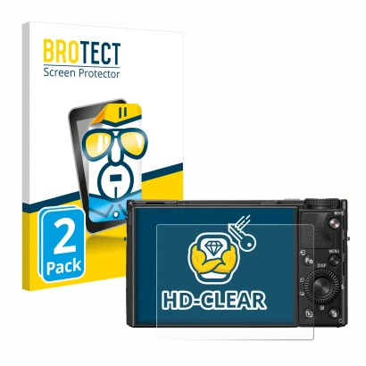 Front side of a product packaging with the brand logo BROTECT. Next to it is the device Sony Cyber-Shot DSC-RX100 VII shown wi