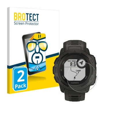 Front side of a product packaging with the brand logo BROTECT. Next to it is the device Garmin Instinct Tactical Edition shown