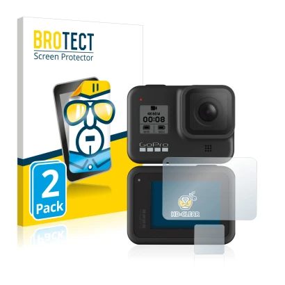 Front side of a product packaging with the brand logo BROTECT. Next to it is the device GoPro Hero 8 Black shown with the corr