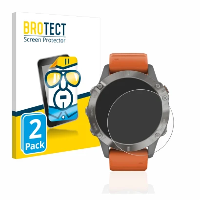 Front side of a product packaging with the brand logo BROTECT. Next to it is the device Garmin Fenix 6 Pro shown with the corr