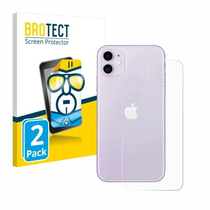 Front side of a product packaging with the brand logo BROTECT. Next to it is the device Apple iPhone 11 (Back) shown with the