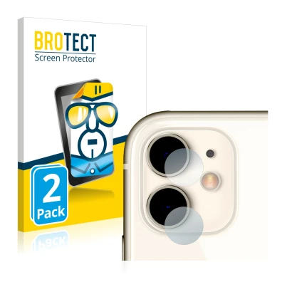 Front side of a product packaging with the brand logo BROTECT. Next to it is the device Apple iPhone 11 (ONLY Camera Lens) sho