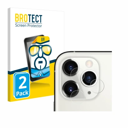 Front side of a product packaging with the brand logo BROTECT. Next to it is the device Apple iPhone 11 Pro (ONLY Camera Lens)