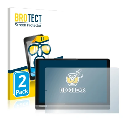 Front side of a product packaging with the brand logo BROTECT. Next to it is the device Lenovo Yoga SmartTab shown with the co