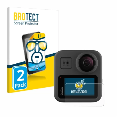 Front side of a product packaging with the brand logo BROTECT. Next to it is the device GoPro Max shown with the corresponding