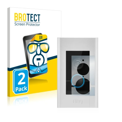 Front side of a product packaging with the brand logo BROTECT. Next to it is the device Ring Video Doorbell Elite shown with t