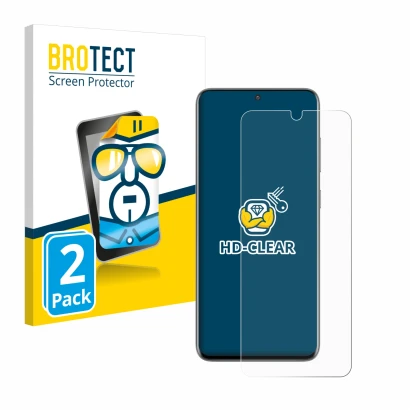 Front side of a product packaging with the brand logo BROTECT. Next to it is the device Samsung Galaxy S20 shown with the corr