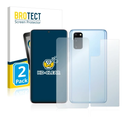 Front side of a product packaging with the brand logo BROTECT. Next to it is the device Samsung Galaxy S20 (Front+Back) shown 