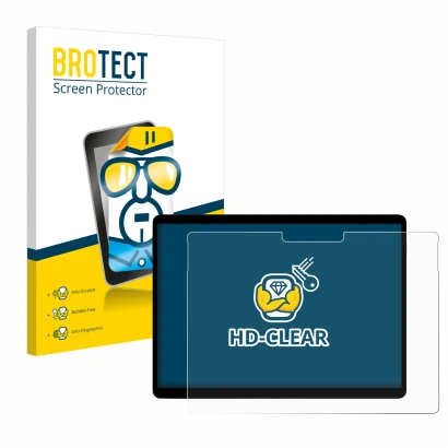 Front side of a product packaging with the brand logo BROTECT. Next to it is the device Microsoft Surface Pro X shown with the