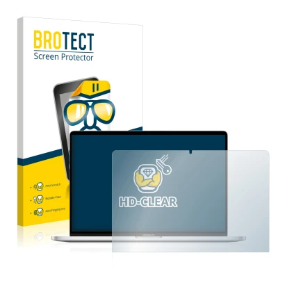 Front side of a product packaging with the brand logo BROTECT. Next to it is the device Apple MacBook Pro 16" 2019 shown with
